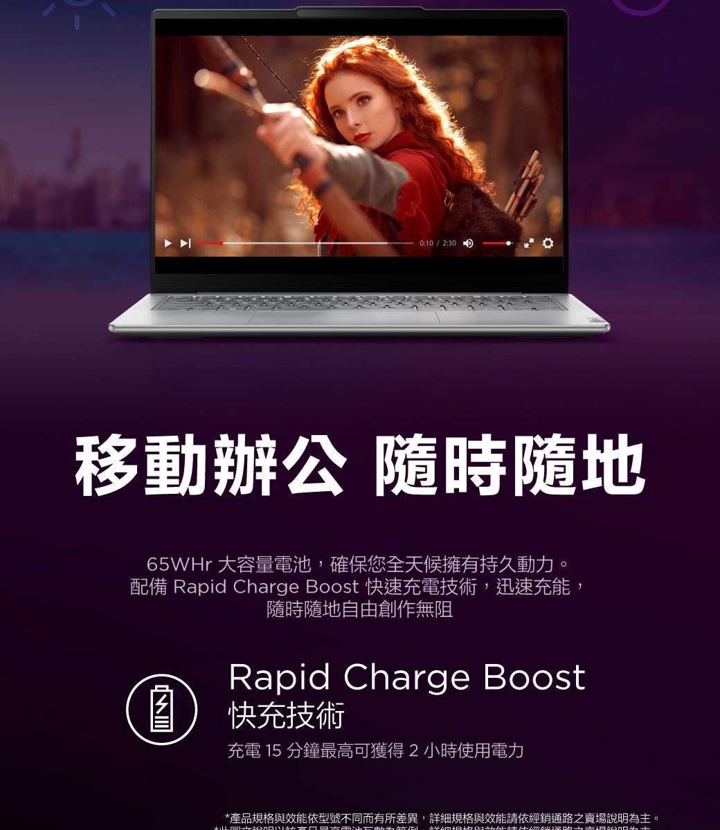 :10/2:30移動辦公 隨時隨地65WHr 大容量電池,確保您全天候擁有持久動力。配備 Rapid Charge Boost 快速充電技術,迅速充能,隨時隨地自由創作無阻Rapid Charge Boost 快充技術充電 15 分鐘最高可獲得2小時使用電力產品規格與效能依型號不同而有所差異,詳細規格與效能請依經銷通路之賣場說明為主。*