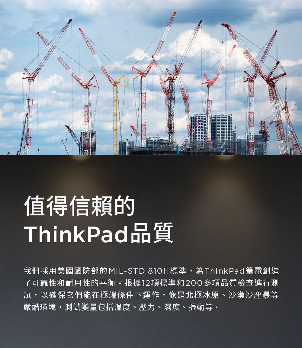 值得信賴的ThinkPad品質我們採用美國國防部的MIL-STD 810H標準,為ThinkPad筆電創造了可靠性和耐用性的平衡。根據12項標準和200多項品質檢查進行測試,以確保它們能在極端條件下運作,像是北極冰原、沙漠沙塵暴等嚴酷環境,測試變量包括溫度、壓力、濕度、振動等。