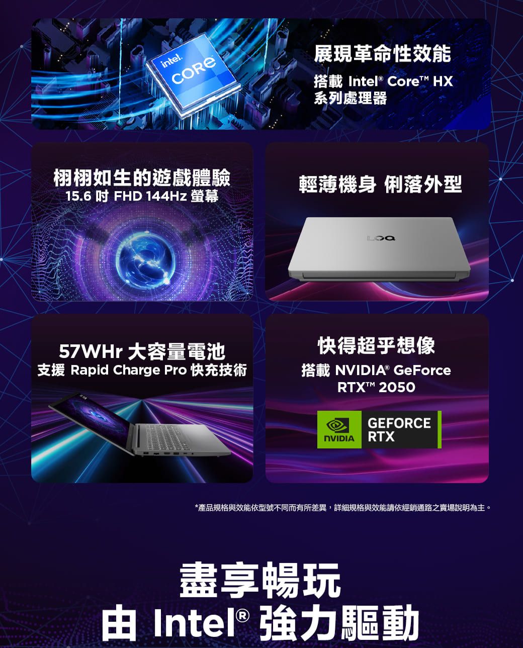 intel.搭載Intel® Core HX系列處理器展現革命性效能栩栩如生的遊戲體驗輕薄機身 俐落外型15.6吋 FHD 144Hz 螢幕57WHr 大容量電池快得超乎想像支援 Rapid Charge Pro 快充技術搭載 NVIDIA® GeForceRTXT™ 2050GEFORCENVIDIA RTX*產品規格與效能依型號不同而有所差異,詳細規格與效能請依經銷通路之賣場說明為主。盡享暢玩 Intel® 強力驅動