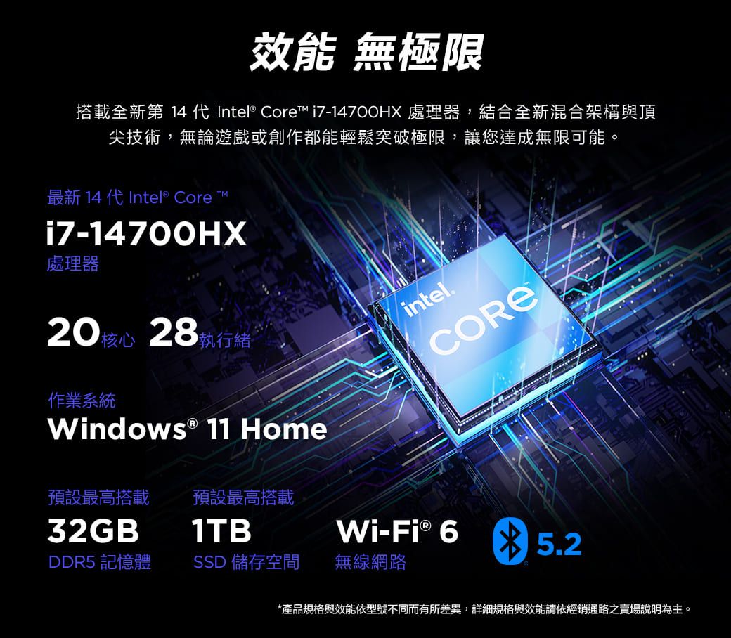 效能 無極限搭載全新第 14 代Intel® Core i7-14700HX 處理器,結合全新混合架構與頂尖技術,無論遊戲或創作都能輕鬆突破極限,讓您達成無限可能。最新 14 代Intel® Core T™處理器i7-14700HX20核心2執行緒intel.作業系統COREWindows ® 11 Home預設最高搭載預設最高搭載32GB1TBWi-Fi ®  8 5.2DDR5 記憶體SSD 儲存空間無線網路*產品規格與效能依型號不同而有所差異,詳細規格與效能請依經銷通路之賣場說明為主。