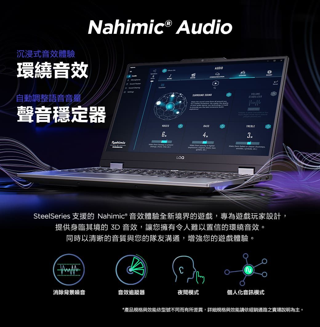 沉浸式音效體驗環繞音效® udioA自動調整語音音量聲音穩定器   SONDSTABILIZERBASSTREBLEU43Nahimic        Make them  or dearer   etc)SteelSeries 支援的 Nahimic® 音效體驗全新境界的遊戲,專為遊戲玩家設計,提供身臨其境的3D音效,讓您擁有令人難以置信的環繞音效。同時以清晰的音質與您的隊友溝通,增強您的遊戲體驗。消除背景噪音音效追蹤器夜間模式個人化音訊模式*產品規格與效能依型號不同而有所差異,詳細規格與效能請依經銷通路之賣場說明為主。