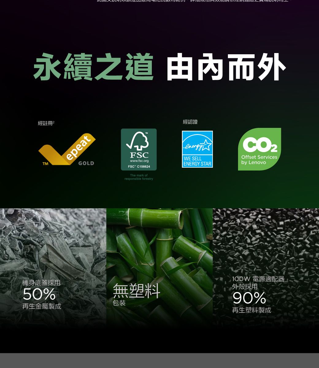 永續之道 由而外經註冊²TM機身底蓋採用50%epeatGOLD經認證FSCwww.fsc.orgFSC C156624The mark ofresponsible forestryenergyWE SELLENERGY STAROffset Servicesby Lenovo無塑料 電源適配器外殼採用90%再生塑料製成包裝再生金屬製成