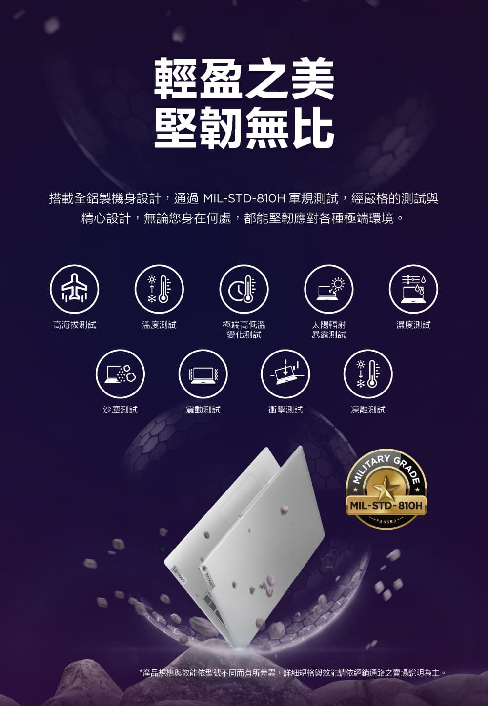 輕盈之美堅韌無比搭載全鋁製機身設計,通過MILSTD-810H 軍規測試,經嚴格的測試與精心設計,無論您身在何處,都能堅韌應對各種極端環境。高海拔測試溫度測試極端高低溫變化測試太陽輻射濕度測試暴露測試-沙塵測試震動測試衝擊測試凍融測試LenovoMILITARYGRADE MIL-STD-810HPASSED*產品規格與效能依型號不同而有所差異,詳細規格與效能請依經銷通路之賣場說明為主。