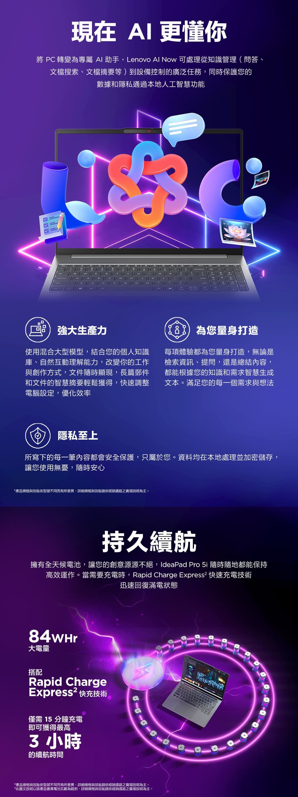 現在 更懂你 PC 轉變為專屬  助手,Lenovo Al Now 可處理從知識管理(問答、文檔搜索、文檔摘要等)到設備控制廣泛任務,同時保護您的數據和隱私通過本地人工智慧功能強大生產力使用混合大型模型,結合您的個人知識庫、自然互動理解能力,改變你的工作與創作方式,文件隨時顯現,長篇郵件和文件的智慧摘要輕鬆獲得,快速調整電腦設定,優化效率為您量身打造每項體驗都為您量身打造,無論是檢索資訊、提問,還是總結內容,都能根據您的知識和需求智慧生成文本。滿足您的每一個需求與想法隱私至上所寫下的每一筆內容都會安全保護,只屬於您。資料均在本地處理並加密儲存,讓您使用無憂,隨時安心*產品規格與效能依型號不同而有所差異,詳細規格與效能請依經銷通路之賣場說明為主。持久續航擁有全天候電池,讓您的創意源源不絕,IdeaPad Pro 5i 隨時隨地都能保持高效運作。當需要充電時,Rapid Charge Express² 快速充電技術迅速回復滿電狀態84wHr大電量搭配Rapid ChargeExpress² 快充技術僅需15分鐘充電即可獲得最高 小時的續航時間*產品規格與效能依型號不同而有所差異,詳細規格與效能請依經銷通路之賣場說明為主。*此圖文說明以該產品最高電池瓦數為範例,詳細規格與效能請依經銷通路之賣場說明為主。