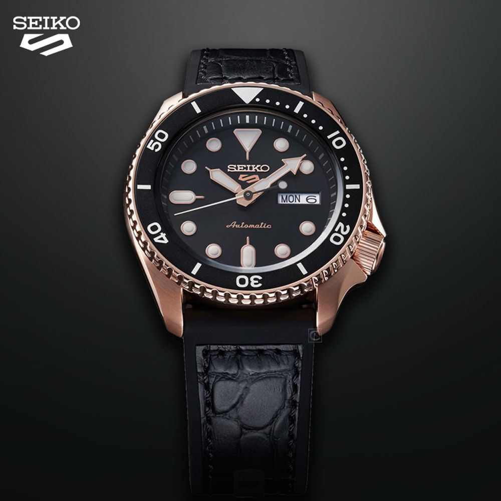 SEIKO 精工   5 Sports 系列機械錶 (4R36-07G0J/SRPD76K1)-黑膠帶x玫瑰金色/42.5mm