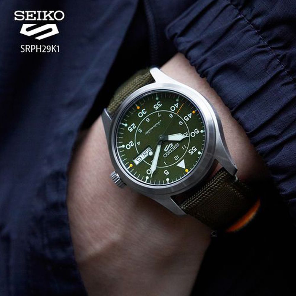 SEIKO 精工   5 Sports  軍風帆布錶帶機械錶(4R36-10A0G/SRPH29K1)39.4mm