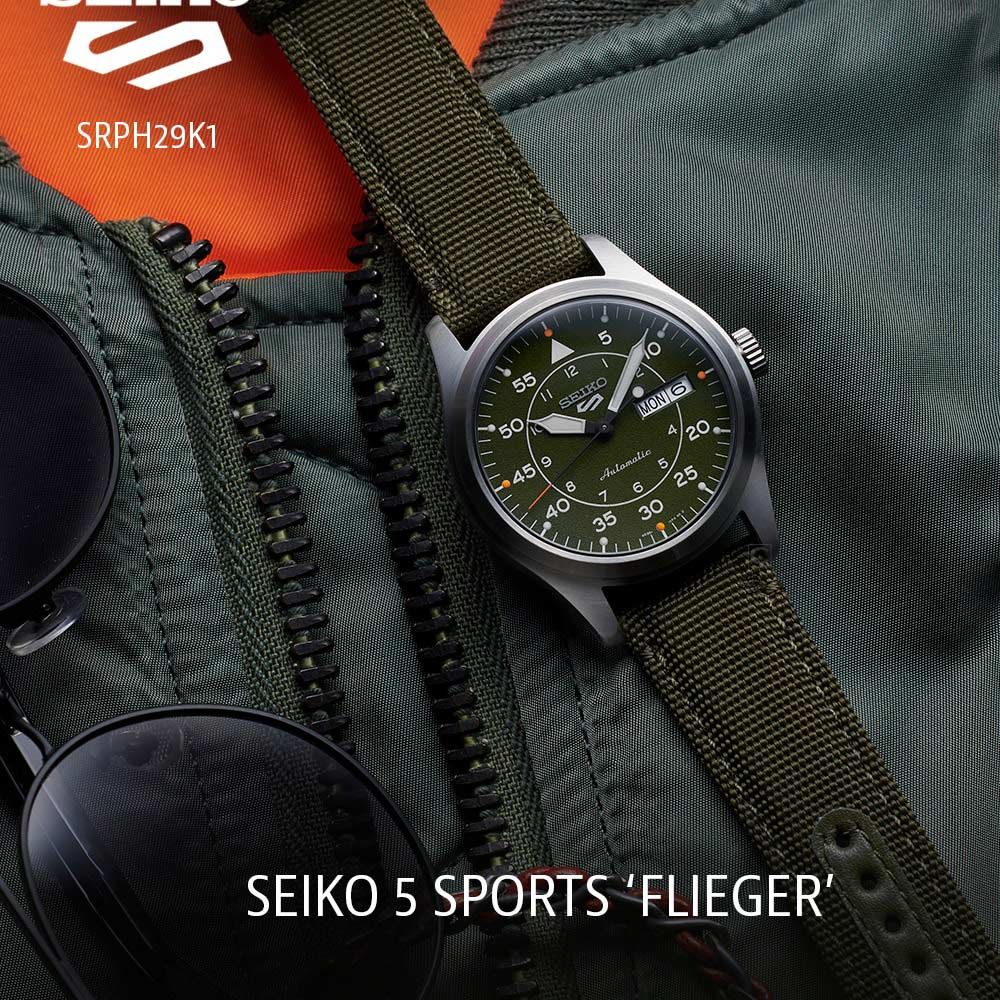 SEIKO 精工   5 Sports  軍風帆布錶帶機械錶(4R36-10A0G/SRPH29K1)39.4mm