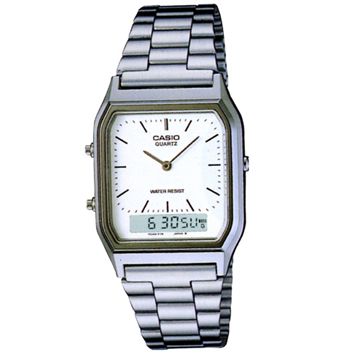 【CASIO】金色時尚熟男指針錶-刻度白面X銀色錶帶 (AQ-230A-7)