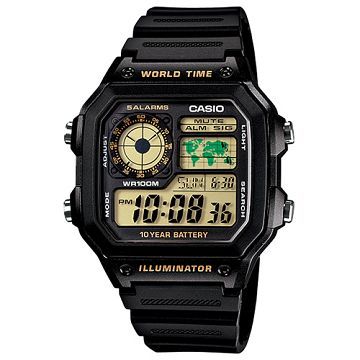 【CASIO】全方位世界地理數位錶-黃面 (AE-1200WH-1B)