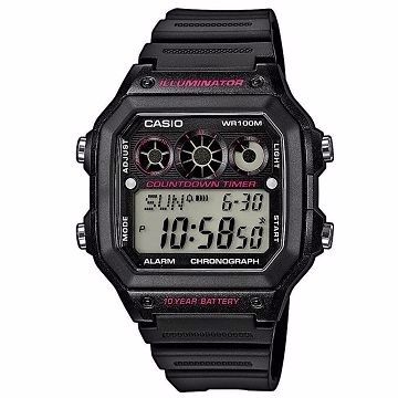【CASIO】10年電力數位腕錶-黑面粉圈 (AE-1300WH-1A2)