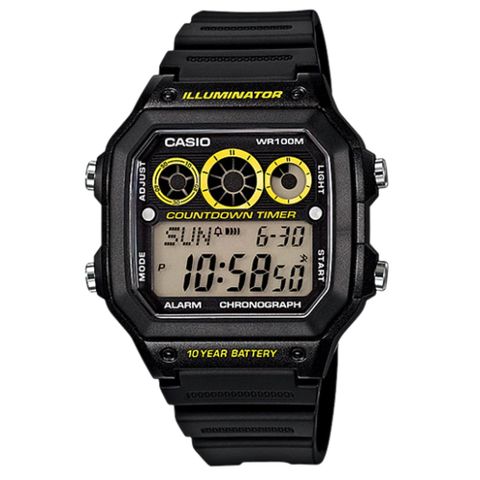 【CASIO】10年電力數位腕錶-黑面金圈 (AE-1300WH-1A)