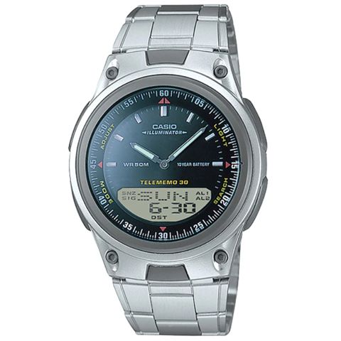 【CASIO】LED碼錶計時不銹鋼帶雙顯錶-黑面 (AW-80D-1A)