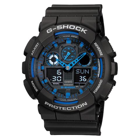 【CASIO】G-SHOCK 變形金鋼機械感重型運動錶-黑X藍指針 (GA-100-1A2)