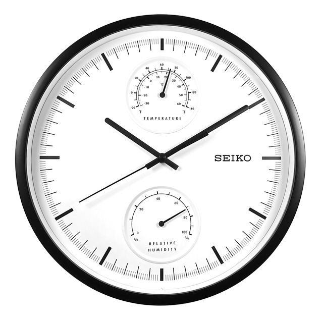 SEIKO 精工   / 兩眼造型 溫度 溼度 滑動式秒針 餐廳客廳臥室 靜音掛鐘 - 白x黑框 QXA525K /SK048