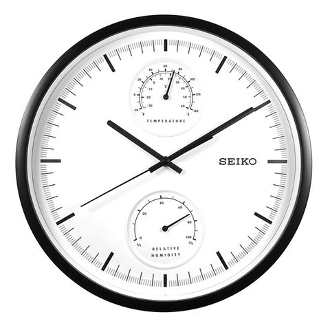 SEIKO 精工 / 兩眼造型 溫度 溼度 滑動式秒針 餐廳客廳臥室 靜音掛鐘 - 白x黑框 ＃QXA525K /SK048