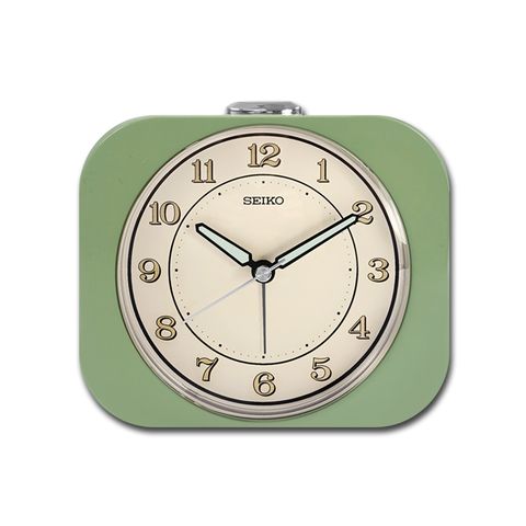 SEIKO 精工 / 方形復古 數字刻度 滑動式秒針 貪睡鬧鈴 燈光 靜音鬧鐘 - 白x綠 QHE195M /SK048
