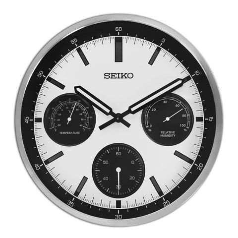SEIKO 精工 / 33cm 熊貓錶造型溫度溼度滑動式秒針餐廳客廳臥室掛鐘-白黑x銀框＃QXA823S /SK048