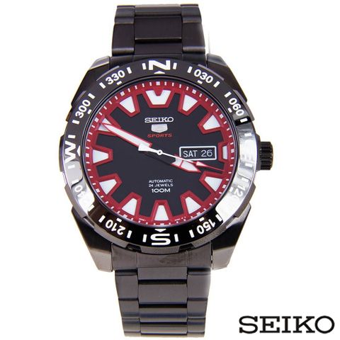 SEIKO 精工 5夜光自動紅色指針槍黑色不鏽鋼男士錶 SRP749K