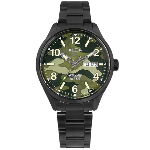 ALBA / Y676-X039SD.AL4313X1 / 街頭迷彩風 機械錶 星期日期 防水100米 不鏽鋼手錶 迷彩綠x鍍黑 42mm