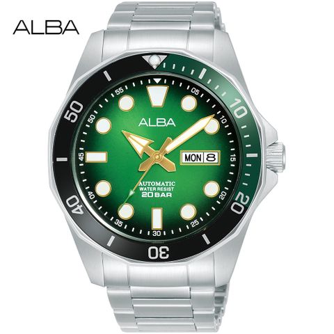 送限量贈品，送完為止ALBA 雅柏 潛水風格200米防水機械錶/黑X綠/43mm (Y676-X063G/AL4537X1)