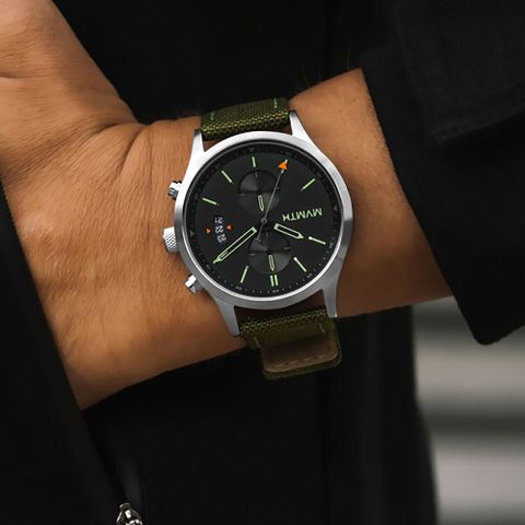 MVMT / 28000200-D / 軍事風格 計時碼錶 日期 防水100米 帆布皮革手錶 黑x銀框x綠 44mm