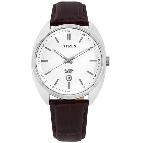 CITIZEN / BI5090-09A / 簡約時尚 日期 日本機芯 壓紋真皮手錶 白x銀框x褐 42mm