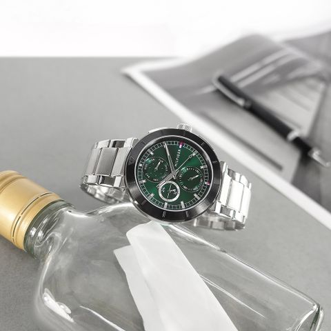 TOMMY HILFIGER / 1792117 /星期日期 礦石強化玻璃 不鏽鋼手錶 綠色 44mm