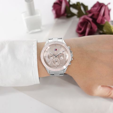 TOMMY HILFIGER /1782706 /三眼三針礦石強化玻璃 星期日期 不鏽鋼手錶 藕粉色 40mm