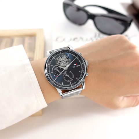 TOMMY HILFIGER / 1710609 /礦石強化玻璃 星期日期 米蘭編織不鏽鋼手錶 藍色 44mm