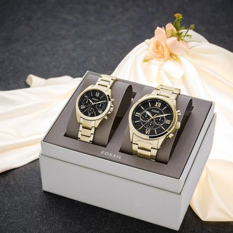 FOSSIL His and Her Chronograph 三眼計時情侶手錶 套錶-金 BQ2400SET