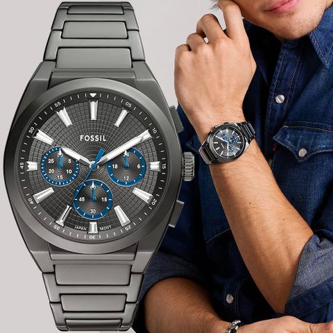FOSSIL Everett 時尚三眼計時手錶-黑/44mm FS6107