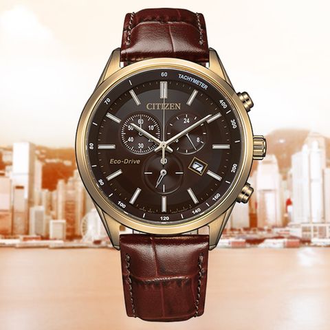 CITIZEN 星辰 GENTS 亞洲限定 光動能 碼錶計時腕錶-皮錶帶 AT2573-07X