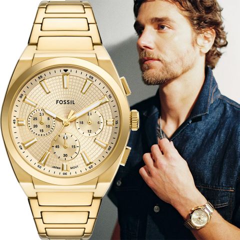FOSSIL Everett 時尚三眼計時手錶-金/44mm FS6119