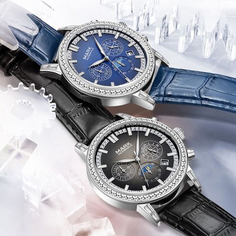 【Mark fairwhale 馬克菲爾】典雅 時尚 日月星辰 日期顯示 晶鑽 皮革 真三眼 石英 腕錶 5970