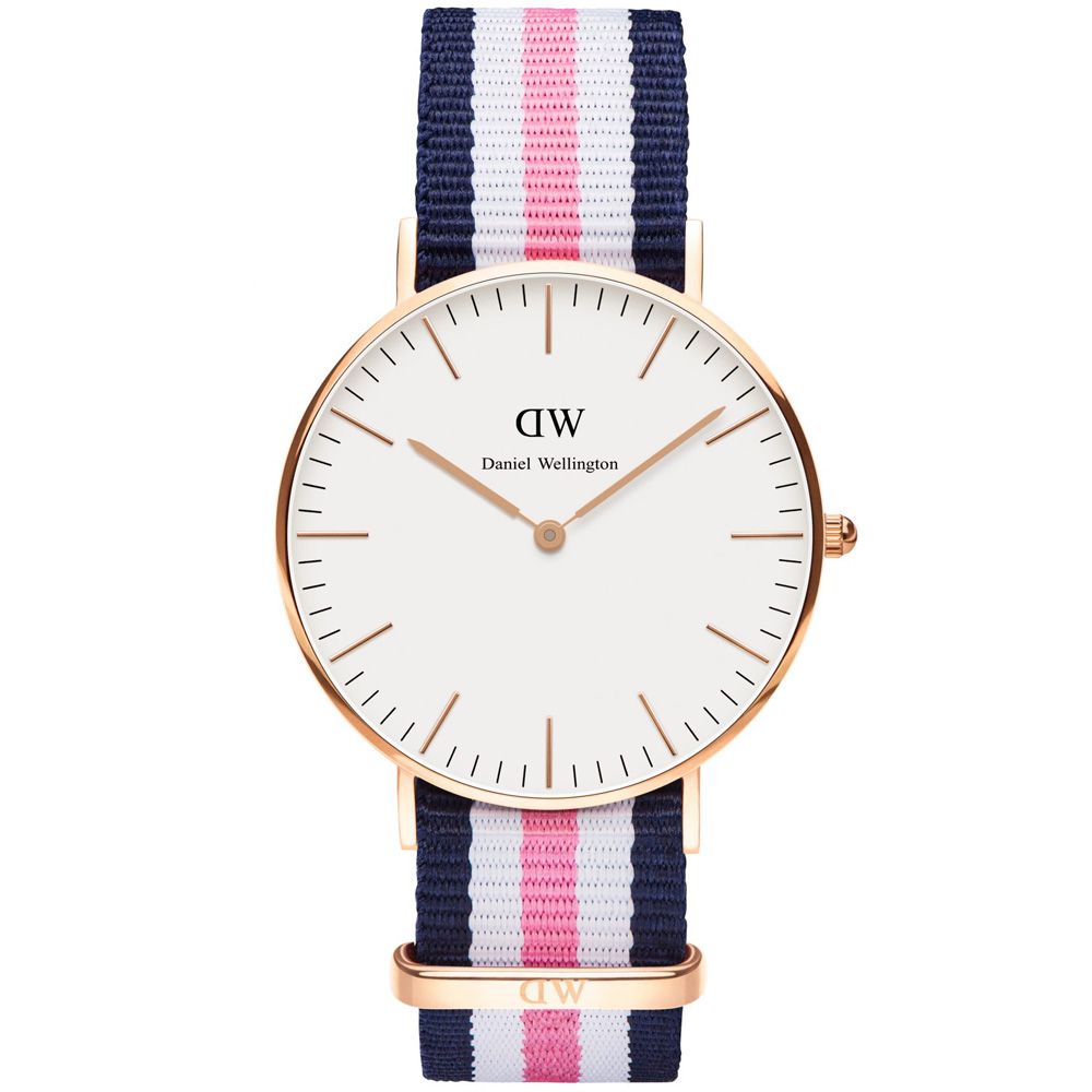  【DW Daniel Wellington】藍白粉紅尼龍錶帶-金框/36mm(0506DW)