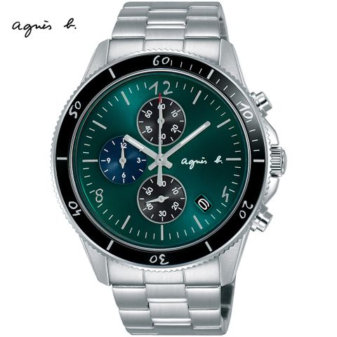 送限量贈品，送完為止agnes b. 運動風三眼計時腕錶/綠/43mm (VK67-KXB0G/B7A005X1)