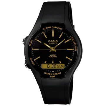 【CASIO】經典酷勁雙顯休閒錶-黑面金字 (AW-90H-9E)