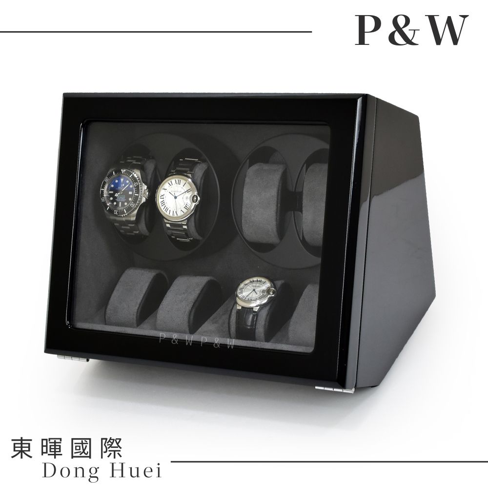 P&W 【手錶自動上鍊盒】【玻璃鏡面】4+4支裝 5種轉速設定 矽膠錶枕【鋼琴烤漆】 機械錶專用 旋轉盒 錶盒
