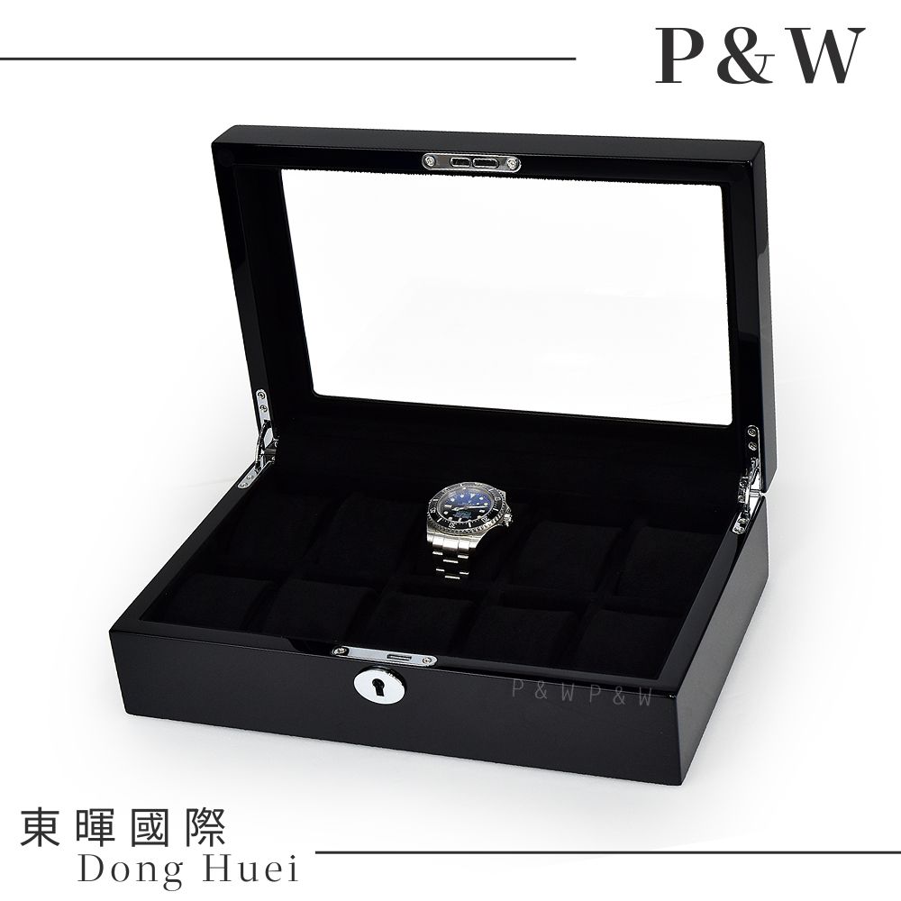 P&W 【名錶收藏盒】【玻璃鏡面】 鋼琴烤漆 手工精品木盒 10支/10格/10入裝 錶盒