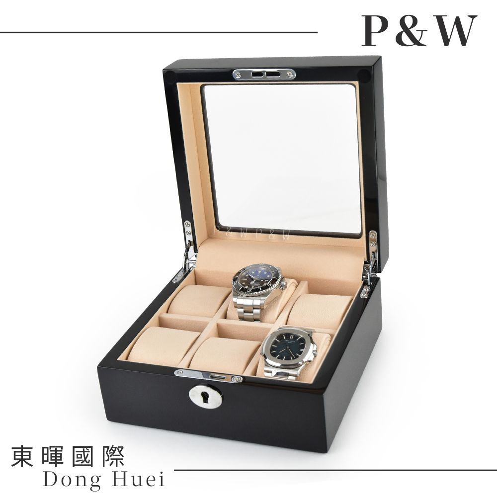 P&W 【名錶收藏盒】【玻璃鏡面】 鋼琴烤漆 手工精品木盒 6支/6格/6入裝 錶盒