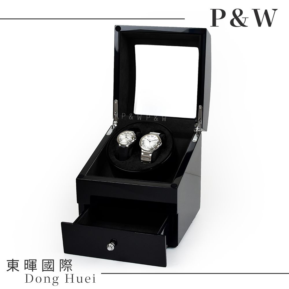 P&W 【手錶自動上鍊盒】【玻璃鏡面】2+0支裝 5種轉速設定【鋼琴烤漆】機械錶專用 旋轉盒 錶盒