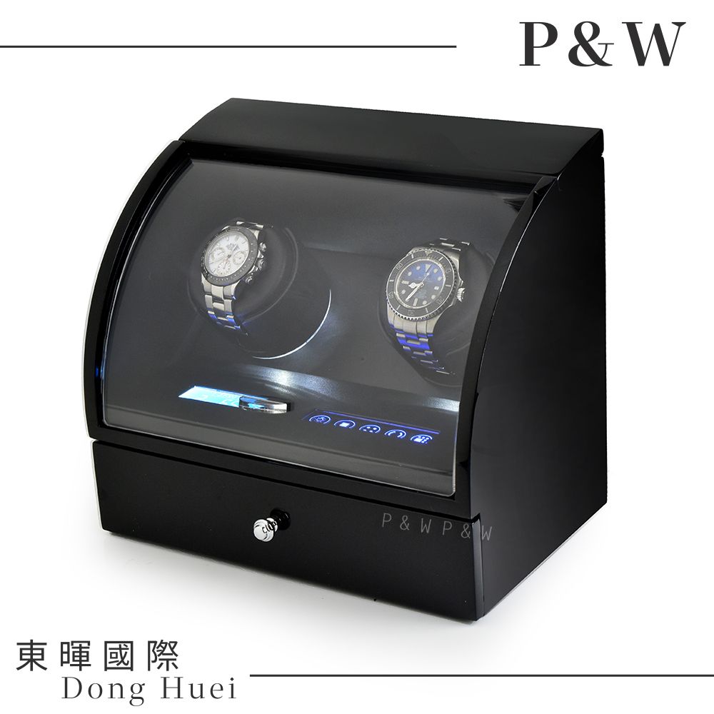 P&W 【手錶自動上鍊盒】2+2支裝 5種轉速設定 矽膠錶枕【大錶專用】觸控式面板 LED燈 遙控功能 機械錶專用 旋轉盒 錶盒