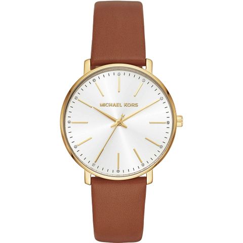 Michael Kors Pyper 紐約時尚女錶-銀x金框x咖啡色錶帶/38mm MK2740