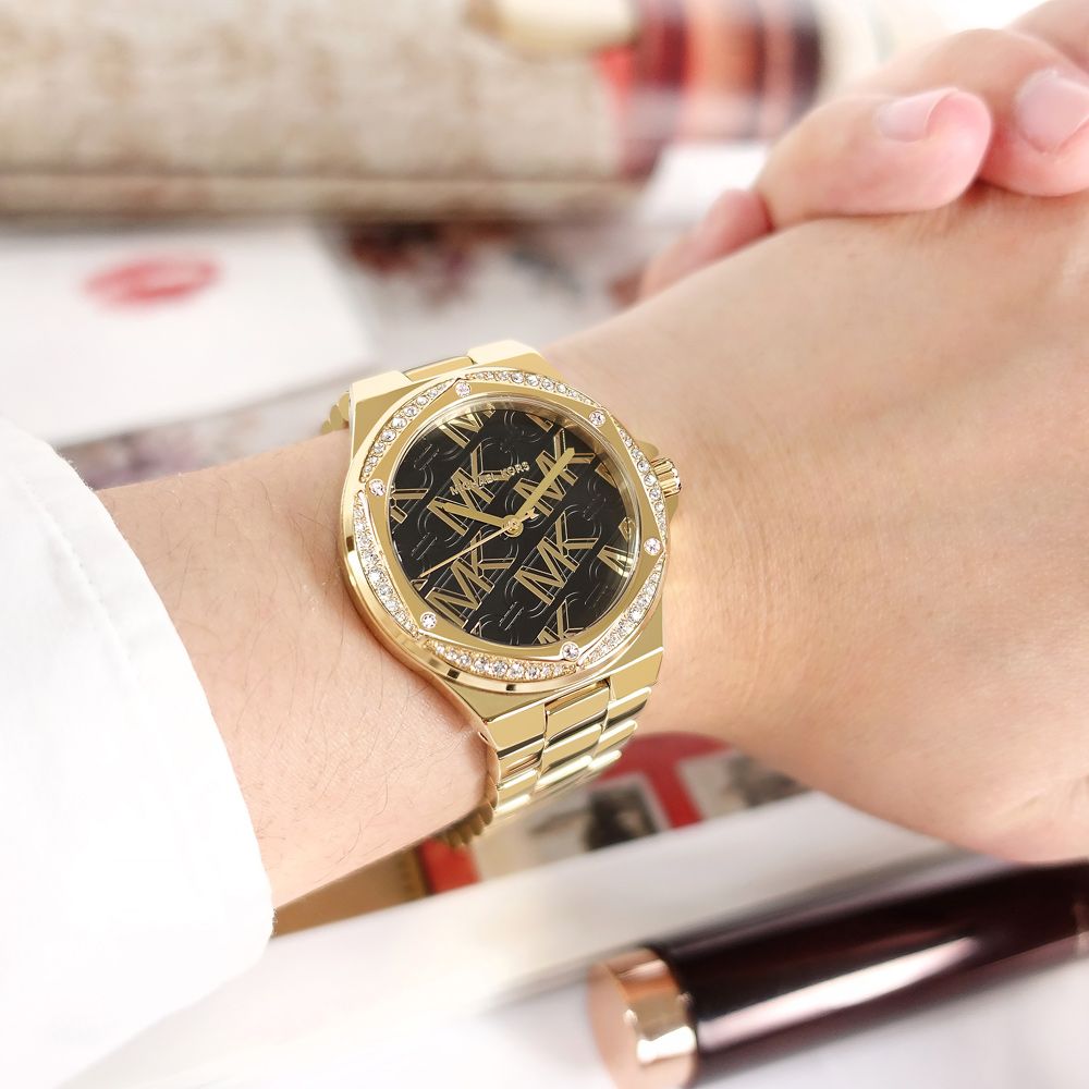 Michael Kors  / MK7404 / 經典LOGO 晶鑽奢華 日本機芯 不鏽鋼手錶 黑x鍍金 37mm