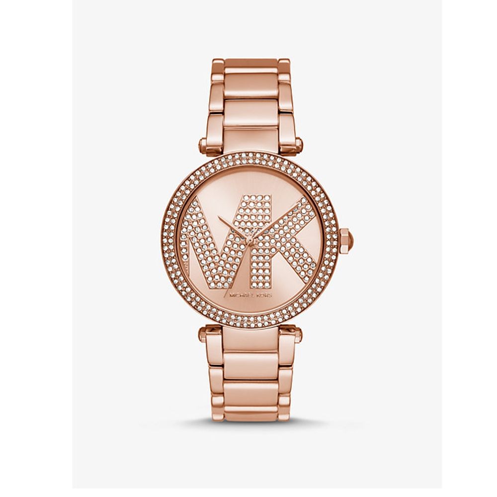 Michael Kors Parker LOGO晶亮女孩玫瑰金色不鏽鋼錶帶MK6660