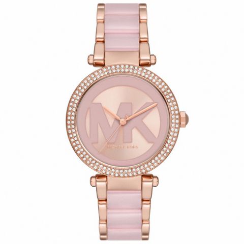 【Michael Kors】公司貨 Parker 粉紅芭比大LOGO雙色陶瓷腕錶/粉x玫瑰金框(MK7371)