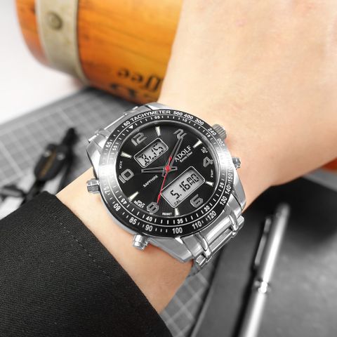 羅梵迪諾 Roven Dino / AF88488BK / 運動潮流 雙顯 世界時間 計時碼錶 防水200米 不鏽鋼手錶 黑色 45mm