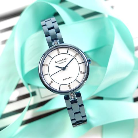 羅梵迪諾 Roven Dino / RD6092BU / 典雅迷人 閃耀晶鑽 藍寶石水晶玻璃 不鏽鋼手錶 白x鍍藍 30mm