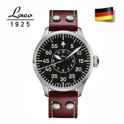 【Laco】朗坤 861690 德國工藝 Aachen 軍事風格夜光飛行機械錶 黑/紅棕 42mm