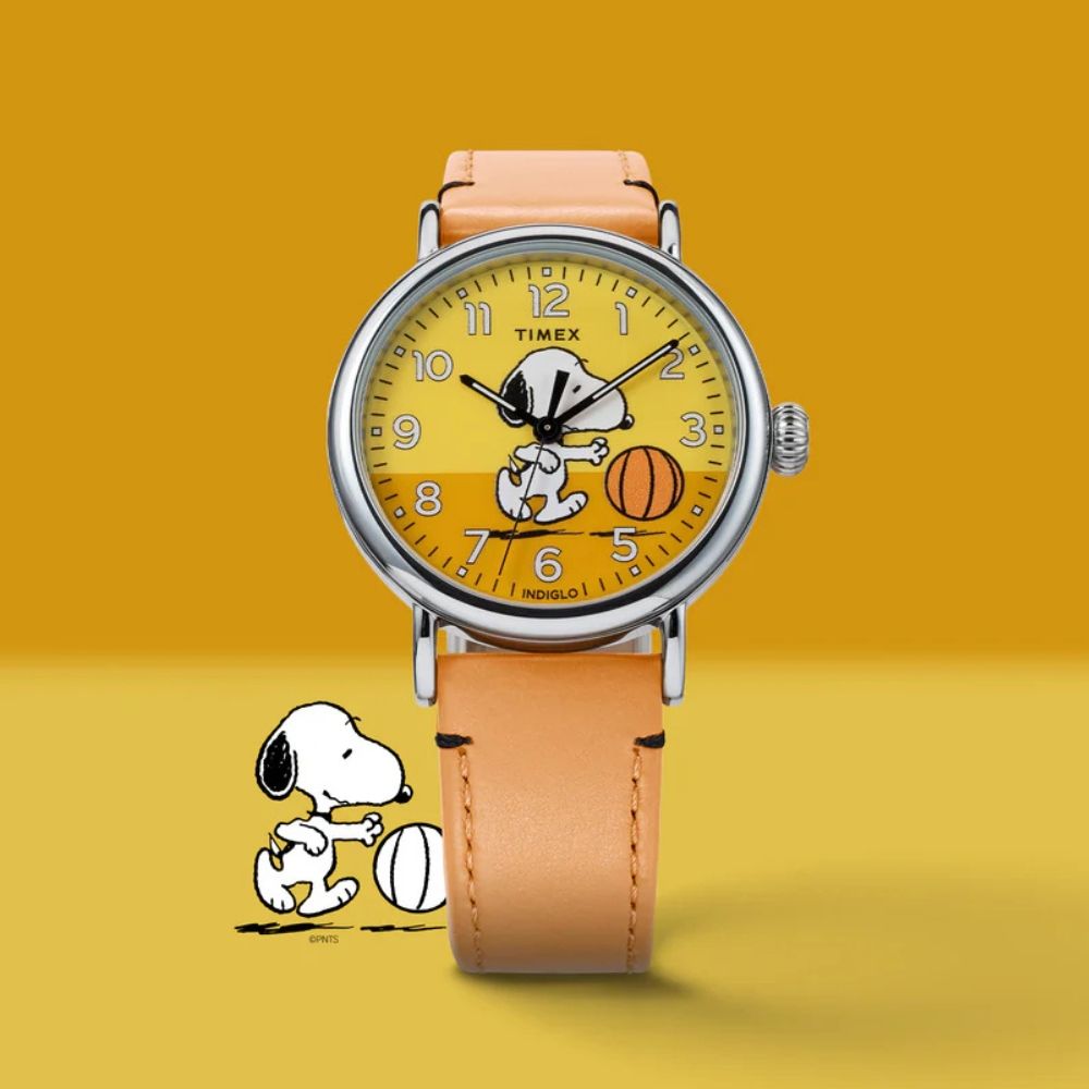 TIMEX 天美時  x Peanuts 40毫米灌籃高手史努比 皮革石英錶(黃x橘TXTW2W51900)